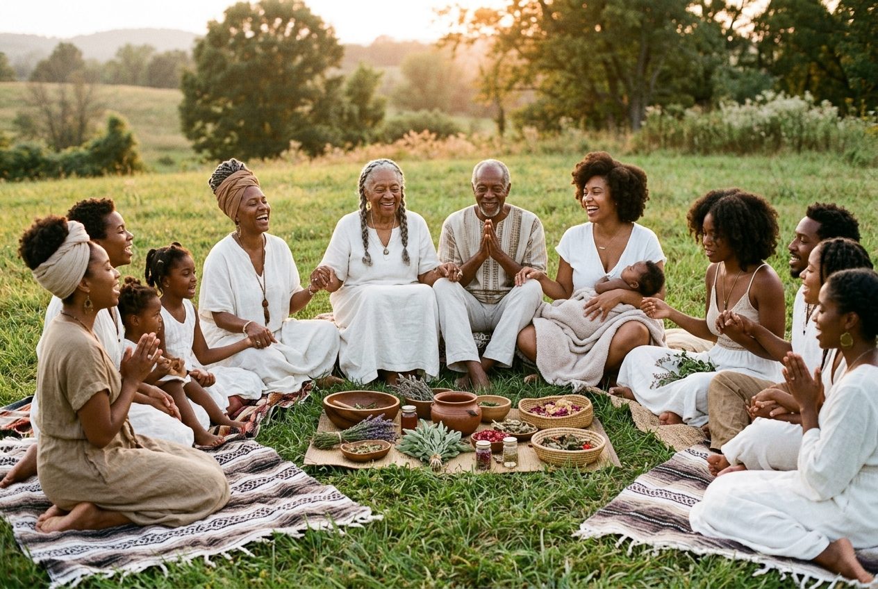 Elders, mothers, and young healers gathered in circle