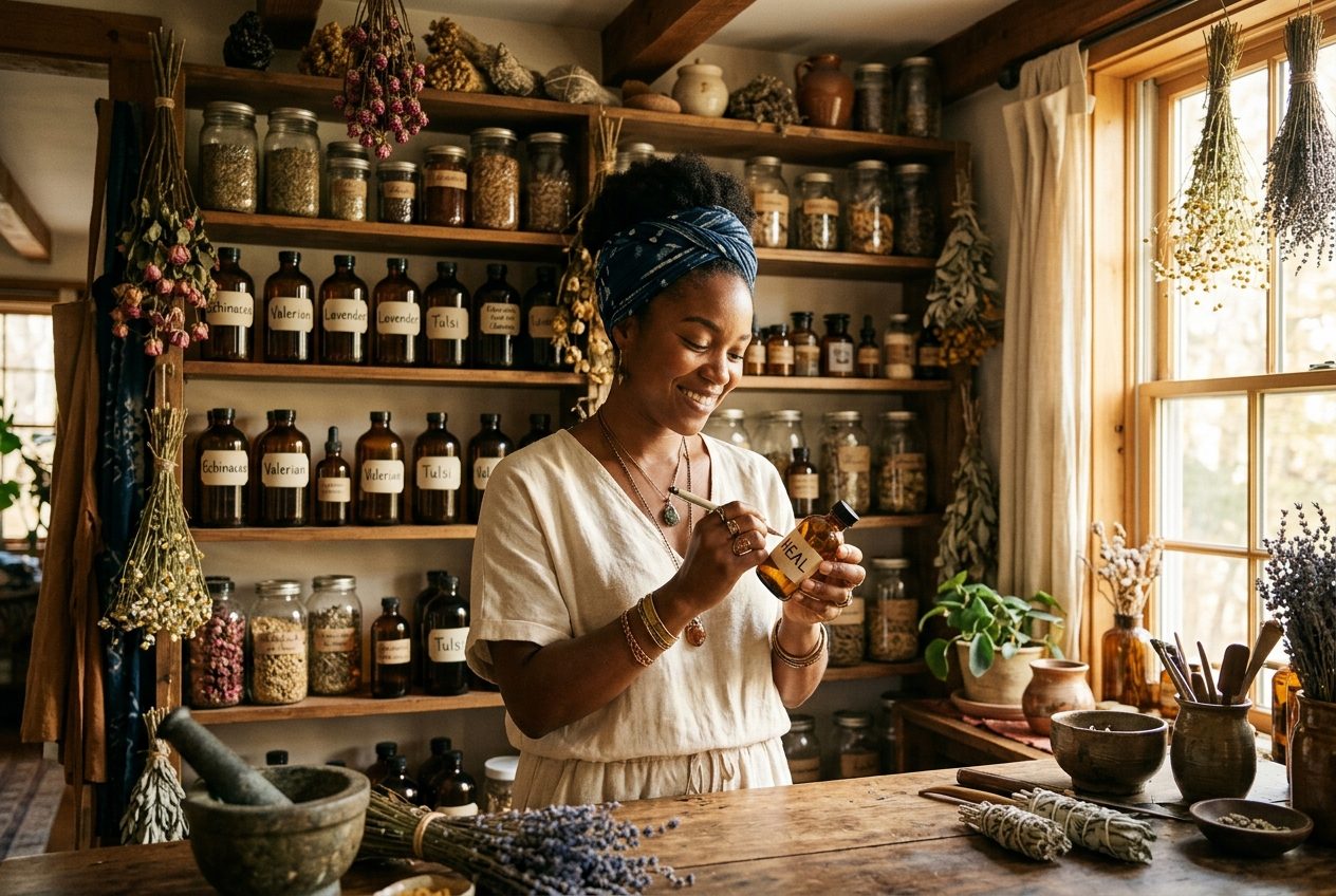 A healer labeling remedies in her apothecary