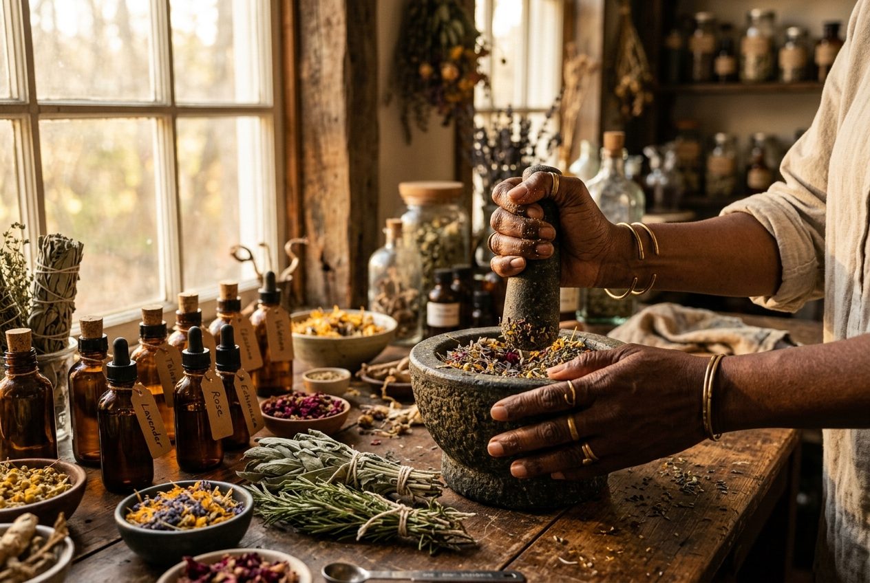 Hands grinding herbs in a stone mortar