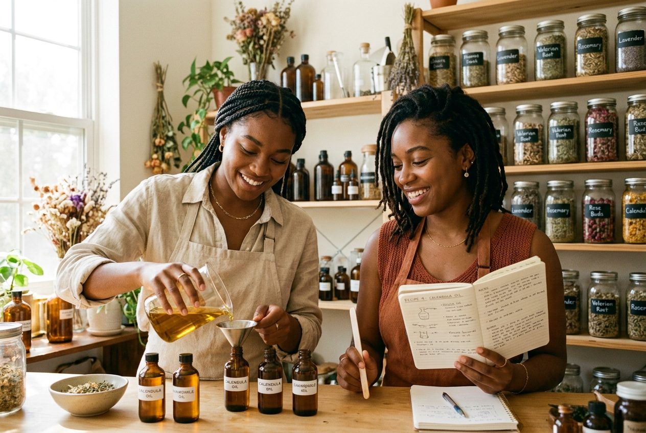 Students pouring oils in a healing lab