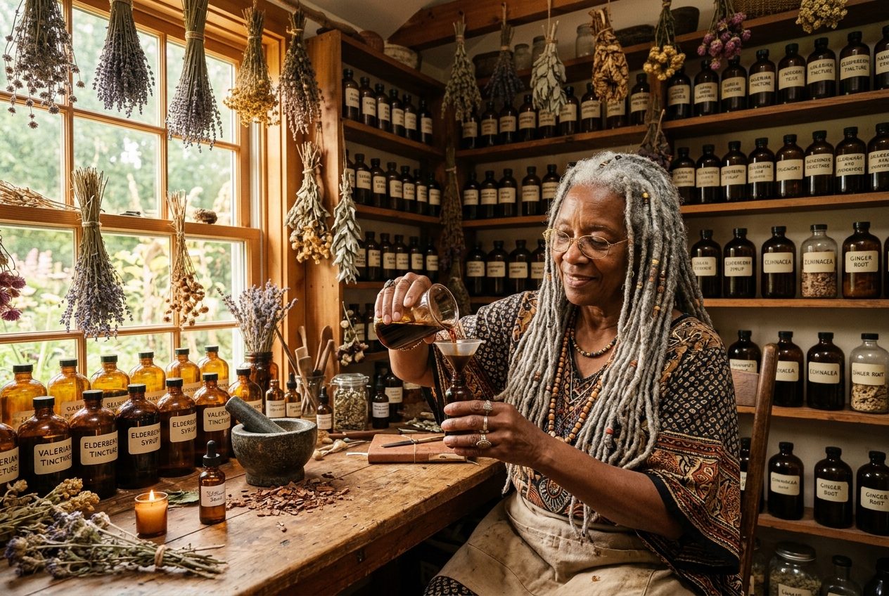 An elder healer pouring a tincture